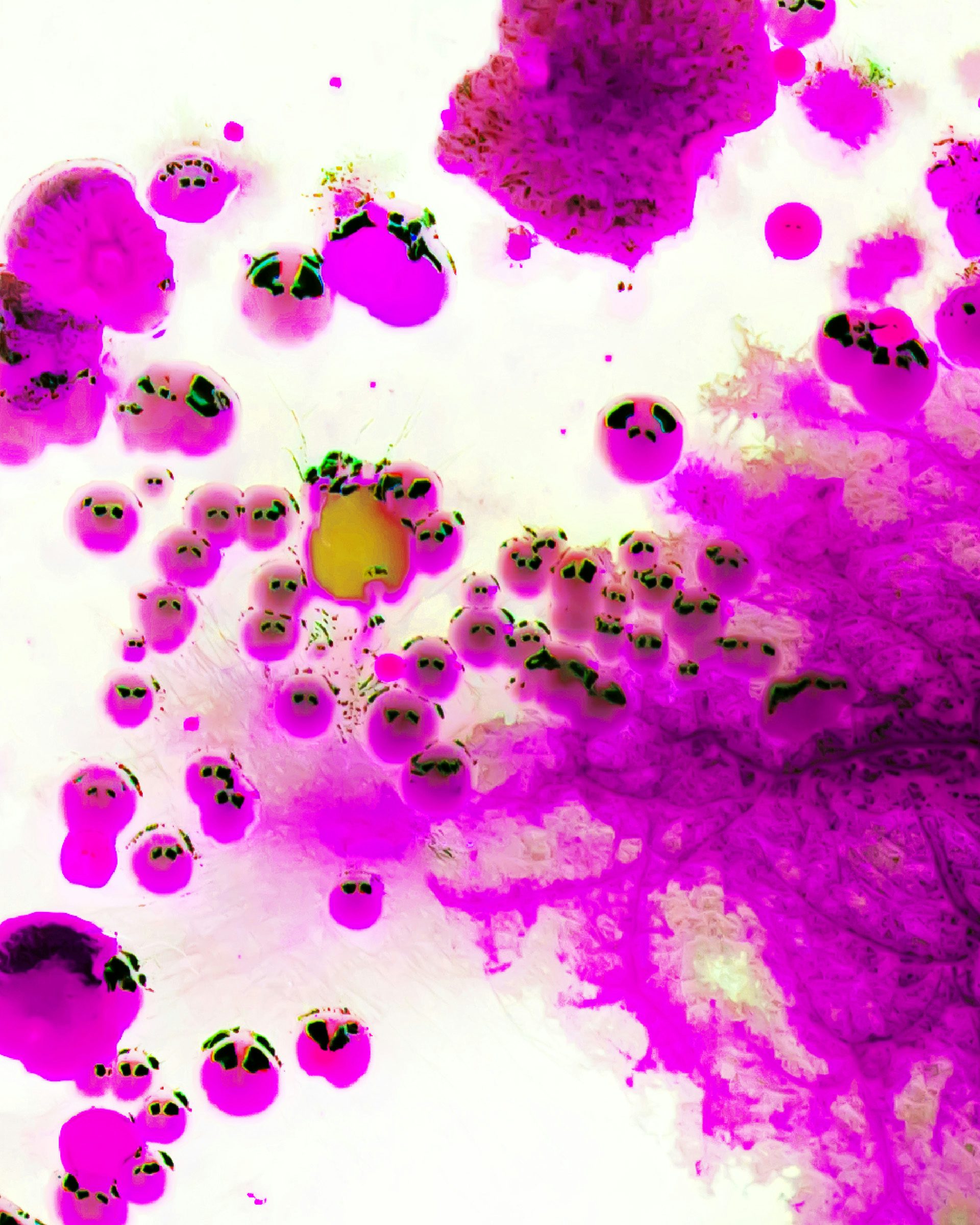Close up of a petri dish featuring fluorescent pink bacteria