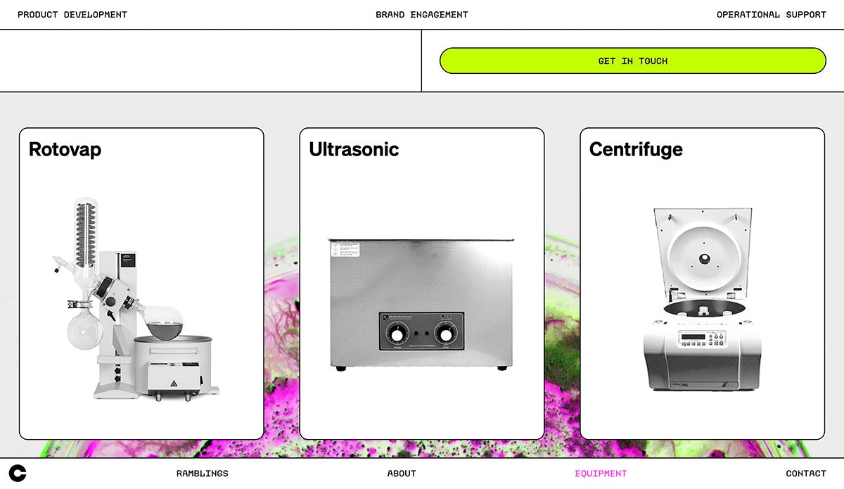 Website showing three industrial products against a fluorescent pink and green background