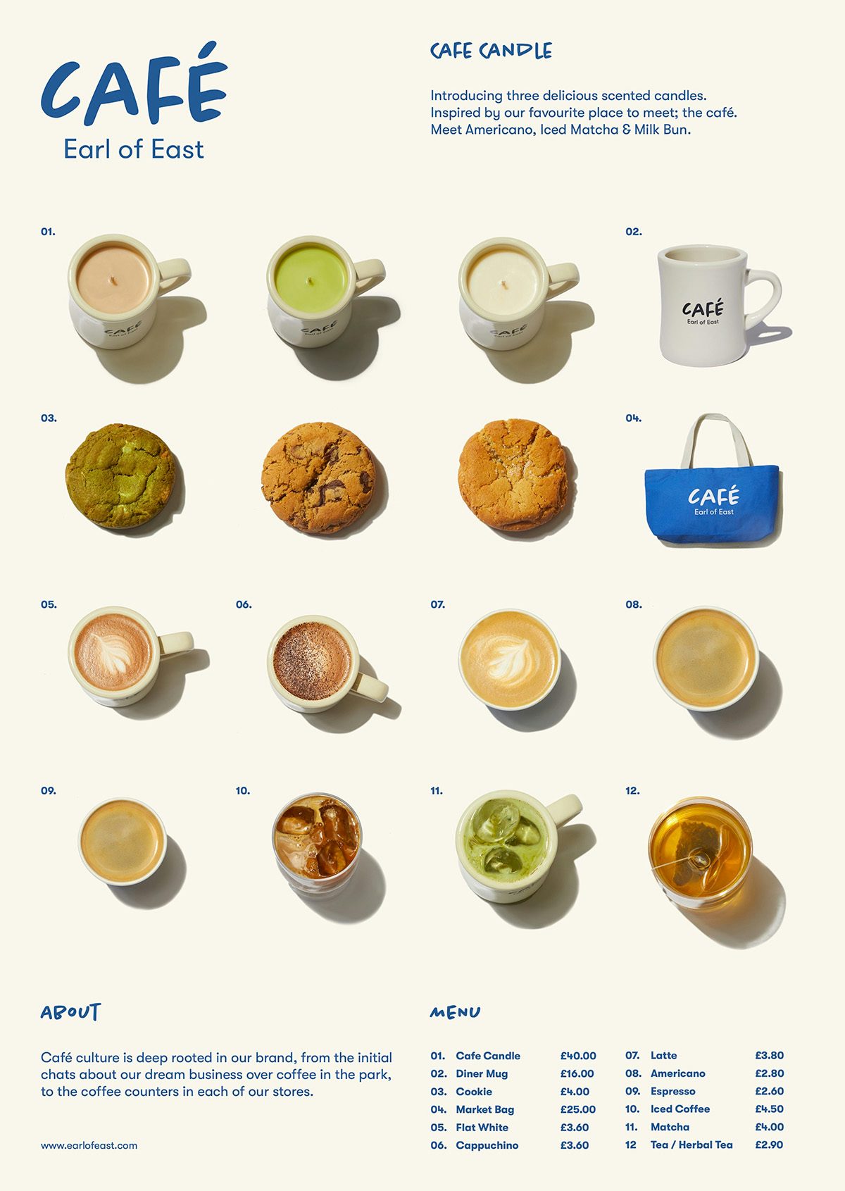 Poster featuring rows of aerial images of rows of mug-shaped candles, drinks, and cookies
