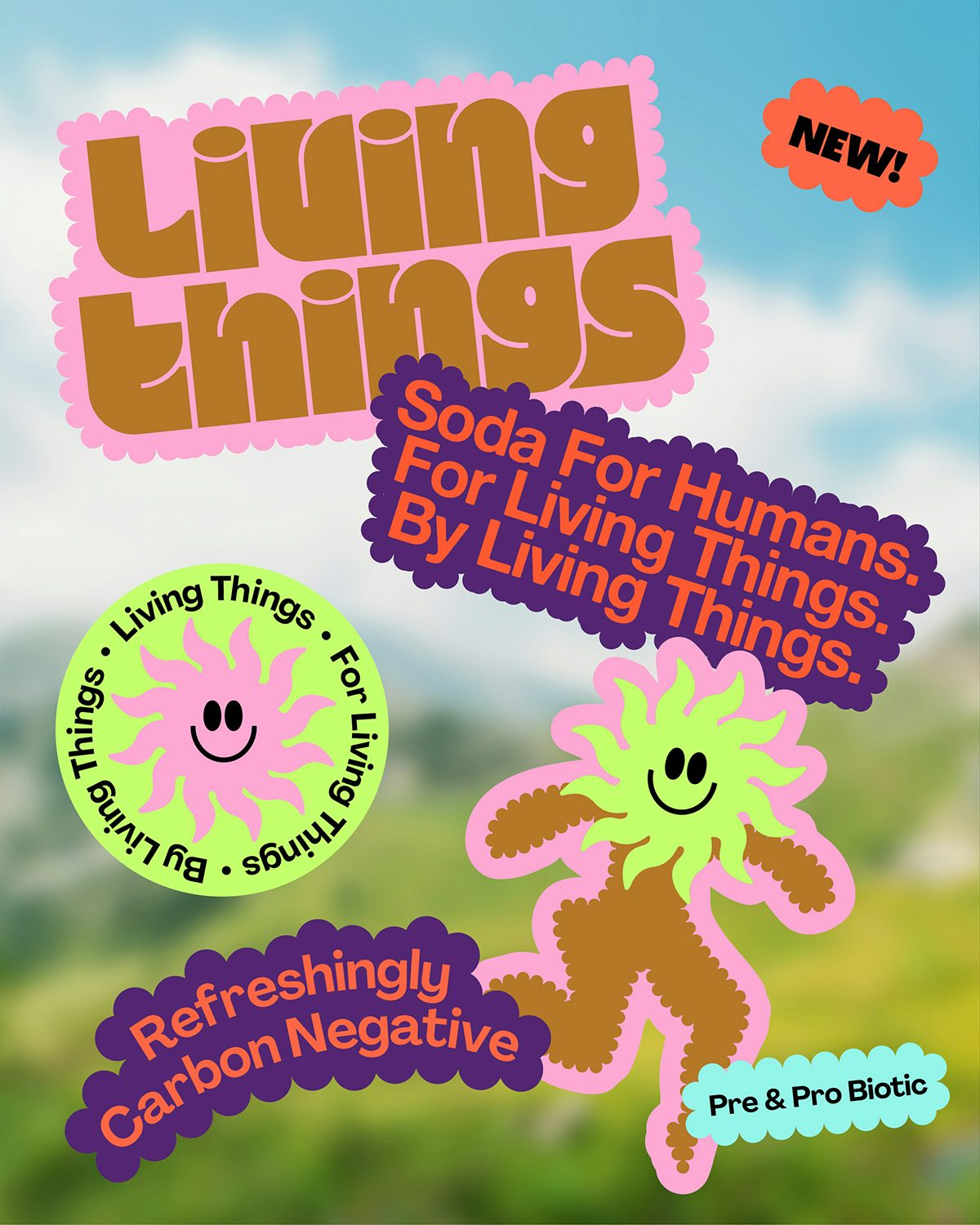 Sticker inspired graphics for Living Things featuring smiley faces
