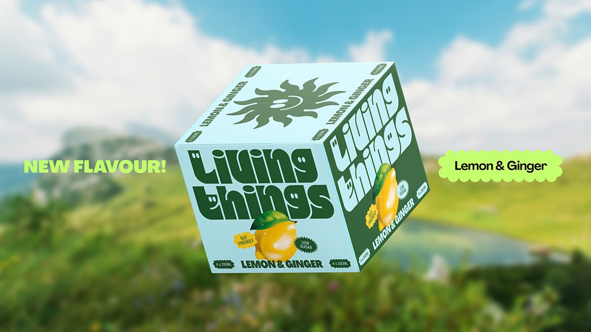 Living Things packaging box featuring its thicky wavy wordmark and a blue and green palette