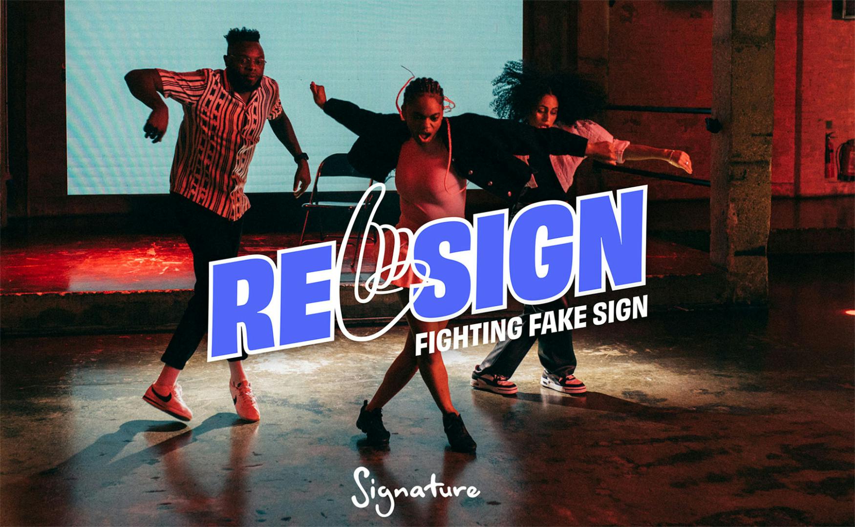 Three dancers in a studio with a graphic laid over the image that reads 'Re Sign, fighting fake sign'