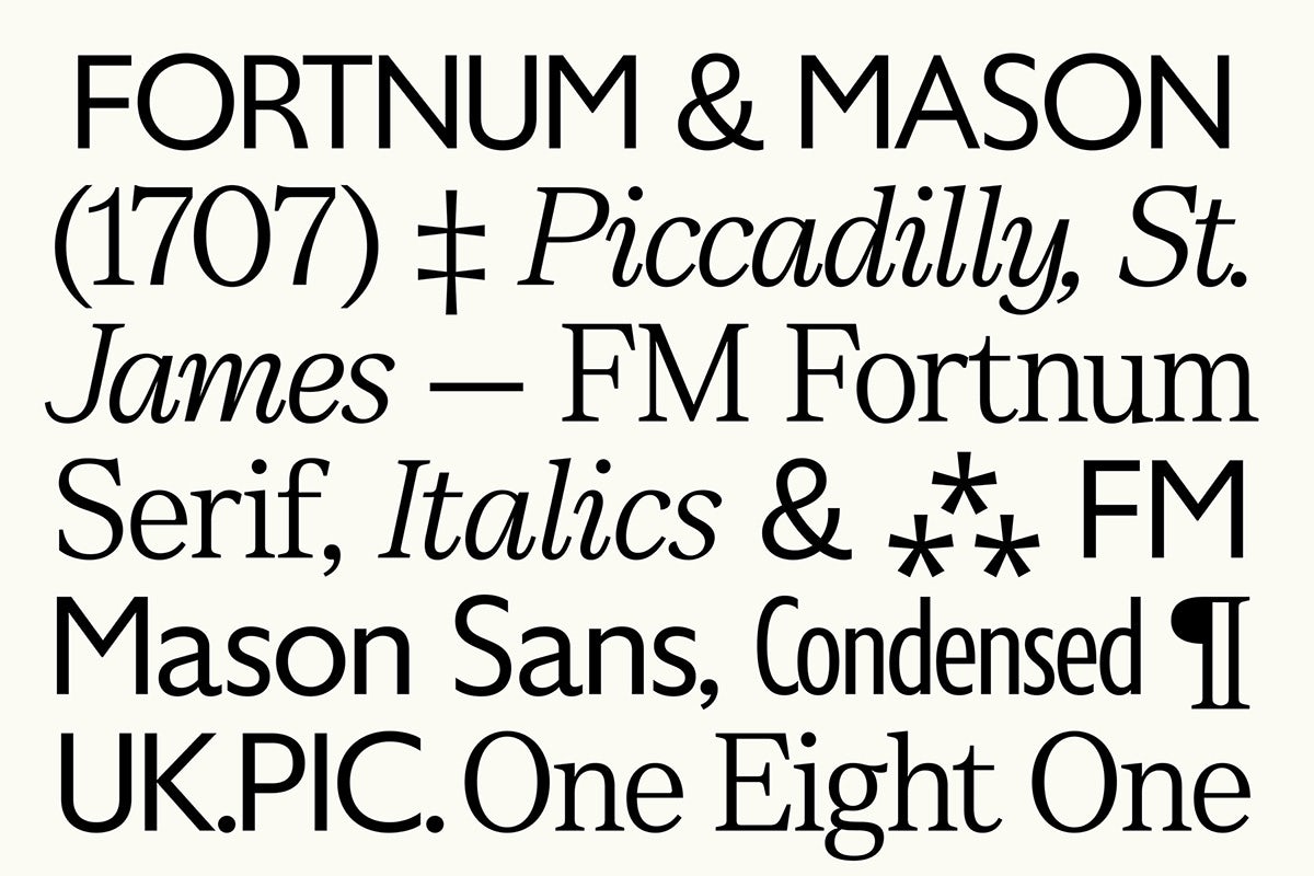 Fortnum & Mason typeface specimens showing its sans serif, serif and condensed typefaces