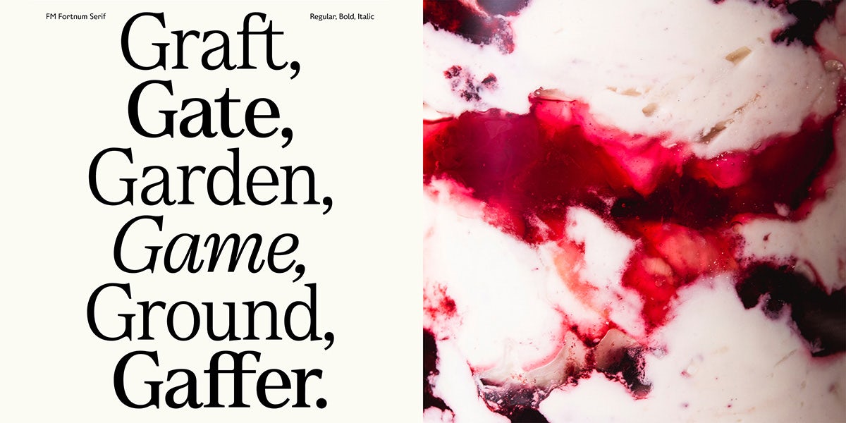 Graphic showing Fortnum & Mason's new serif typeface next to a photo of pink and white rippled food
