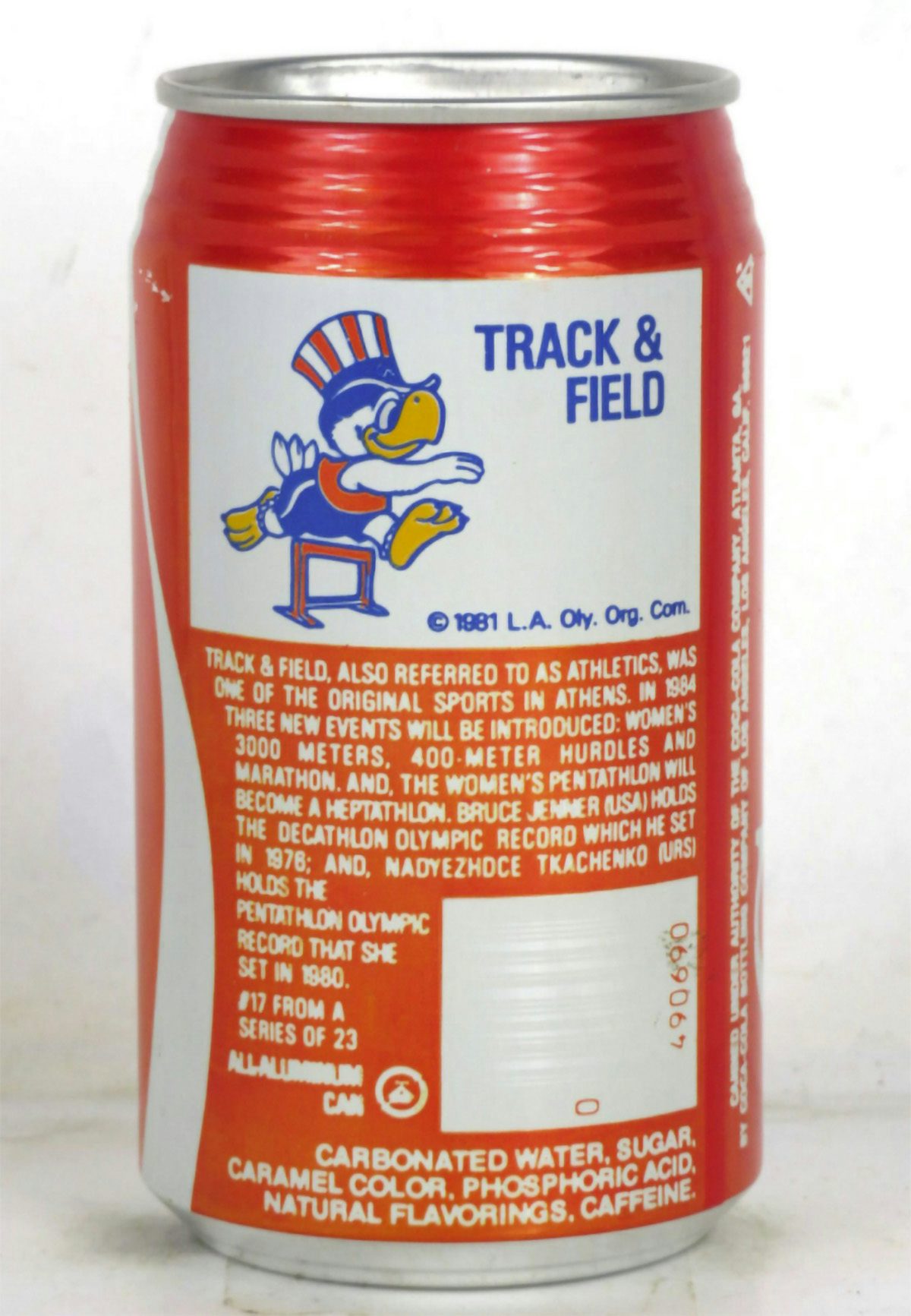 Coca-Cola can created for the 1984 Olympics showing a bird mascot on the back of the packaging