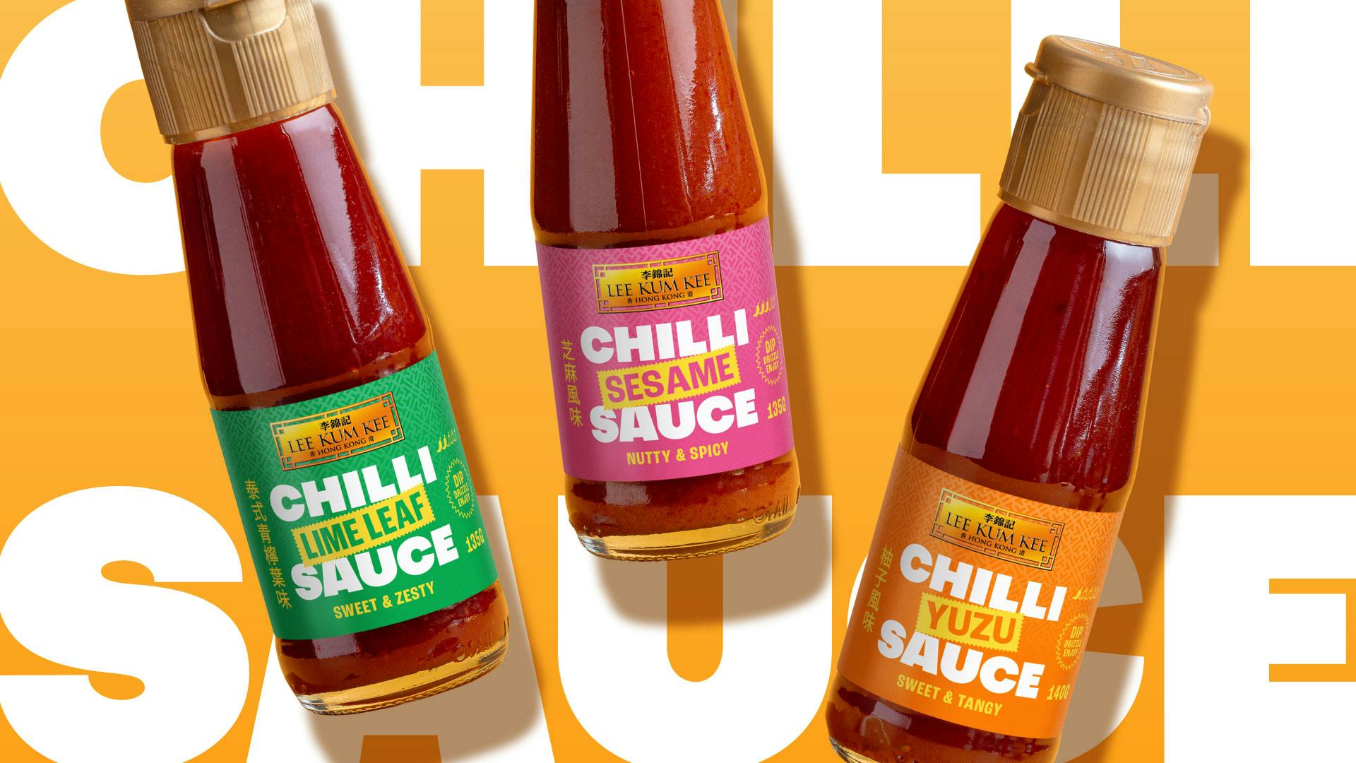 Three bottles of Lee Kum Kee chilli sauce shot against a backrdop that reads 'chilli sauce'