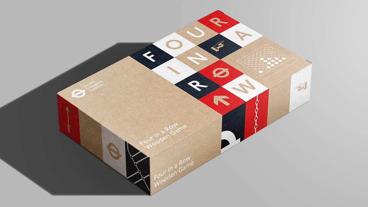 A packaging box featuring London Transport Museum branding with a grid system containing London transport motifs