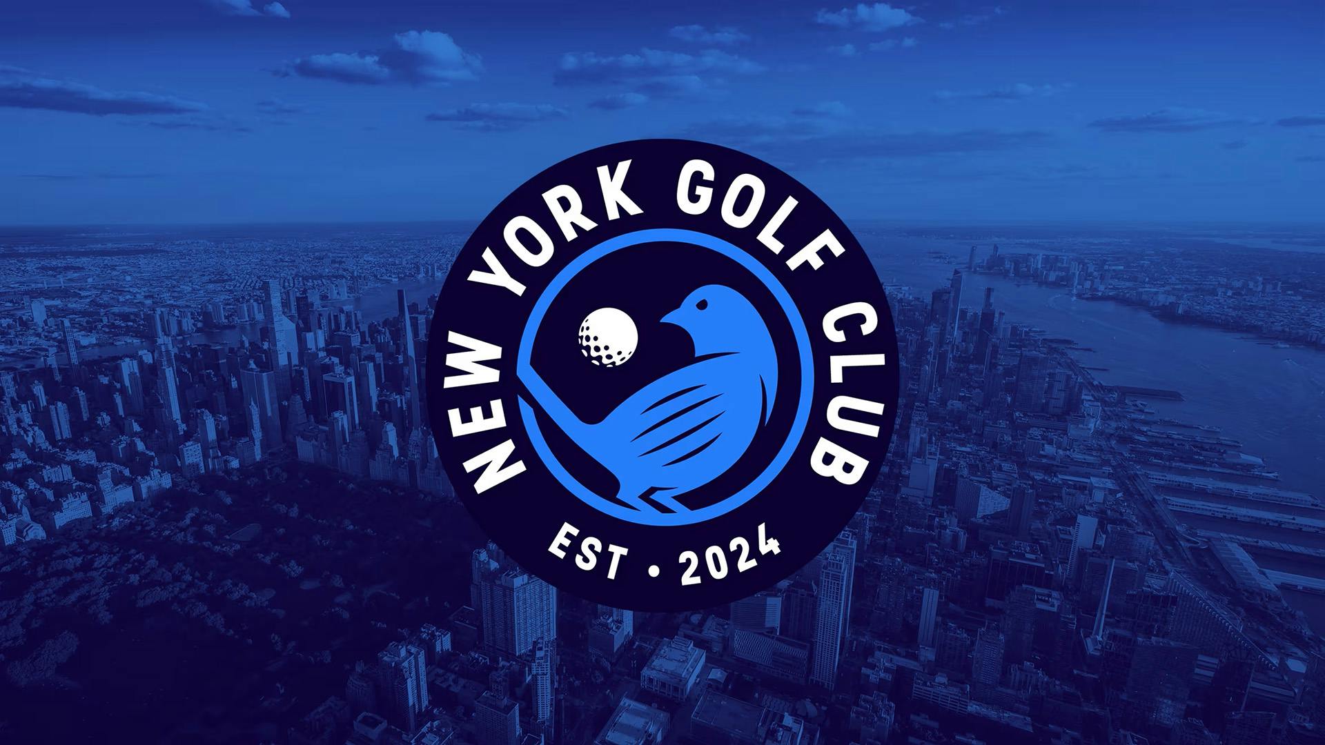 Graphic show the New York Golf Club logo of a blue bird icon and a golf ball inside a roundel, shown against a blue tinted photo of a New York City skyline