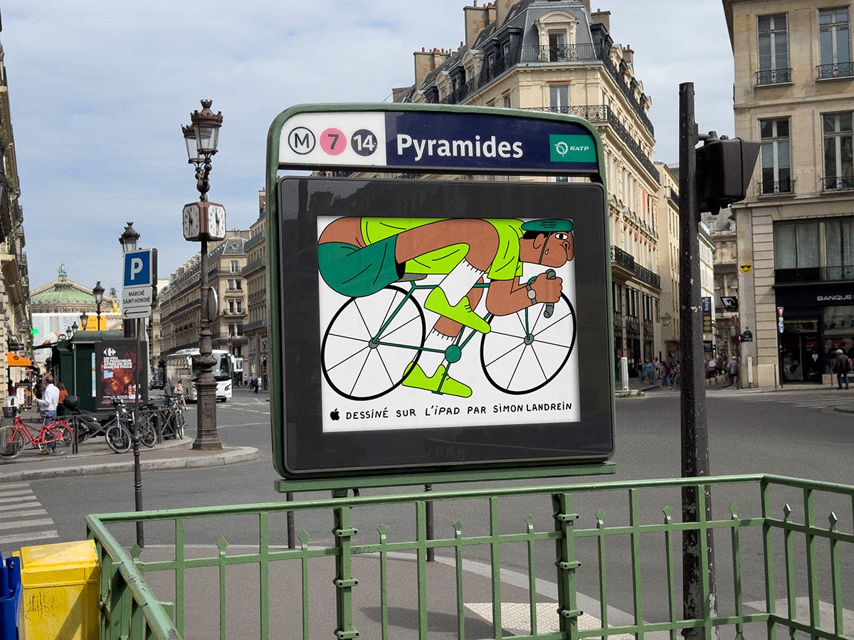 Illustrated poster by Simon Landrein of cyclists shown beneath a metro station sign