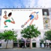 Illustrated poster by Simon Landrein of two characters playing racket sports shown on the side of a building