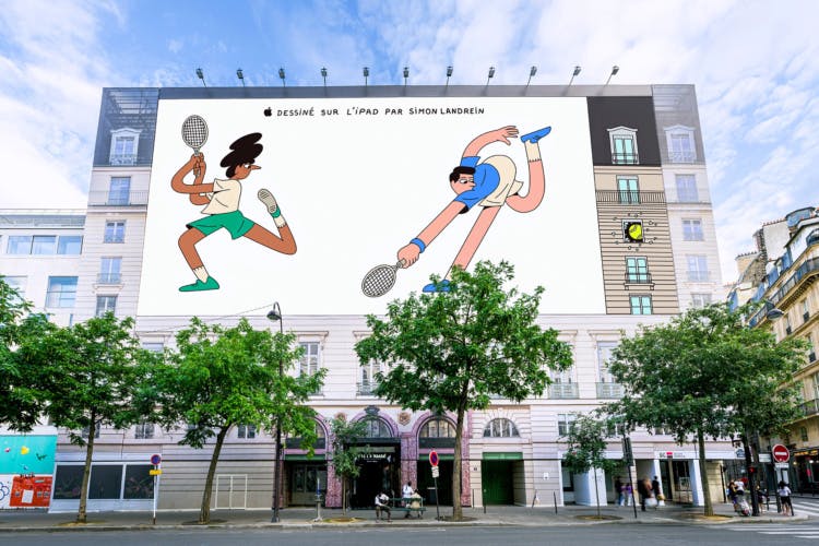 Illustrated poster by Simon Landrein of two characters playing racket sports shown on the side of a building