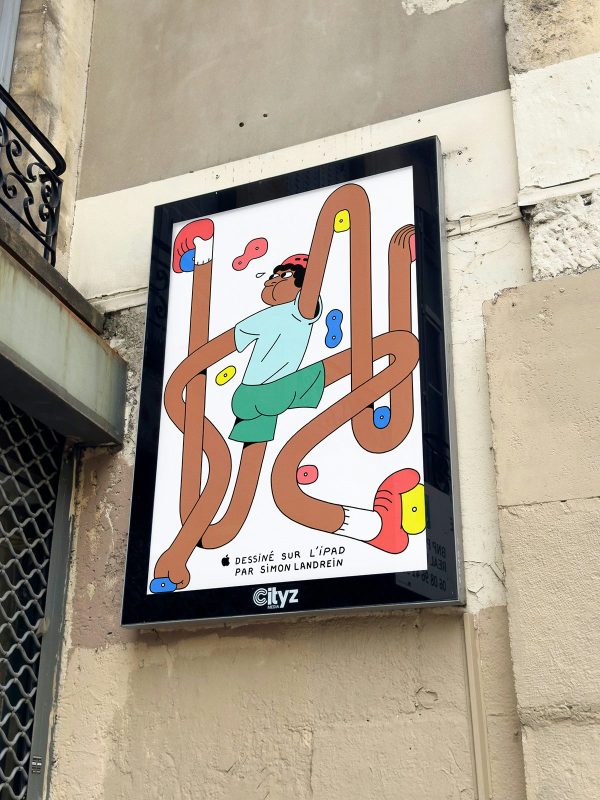 Illustrated poster by Simon Landrein of a character with long bendy limbs shown on the side of a building