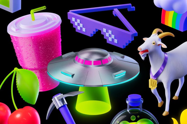 3D illustrations of Twitch brand motifs including a UFO, a pink cup and straw, a goat, and sunglasses