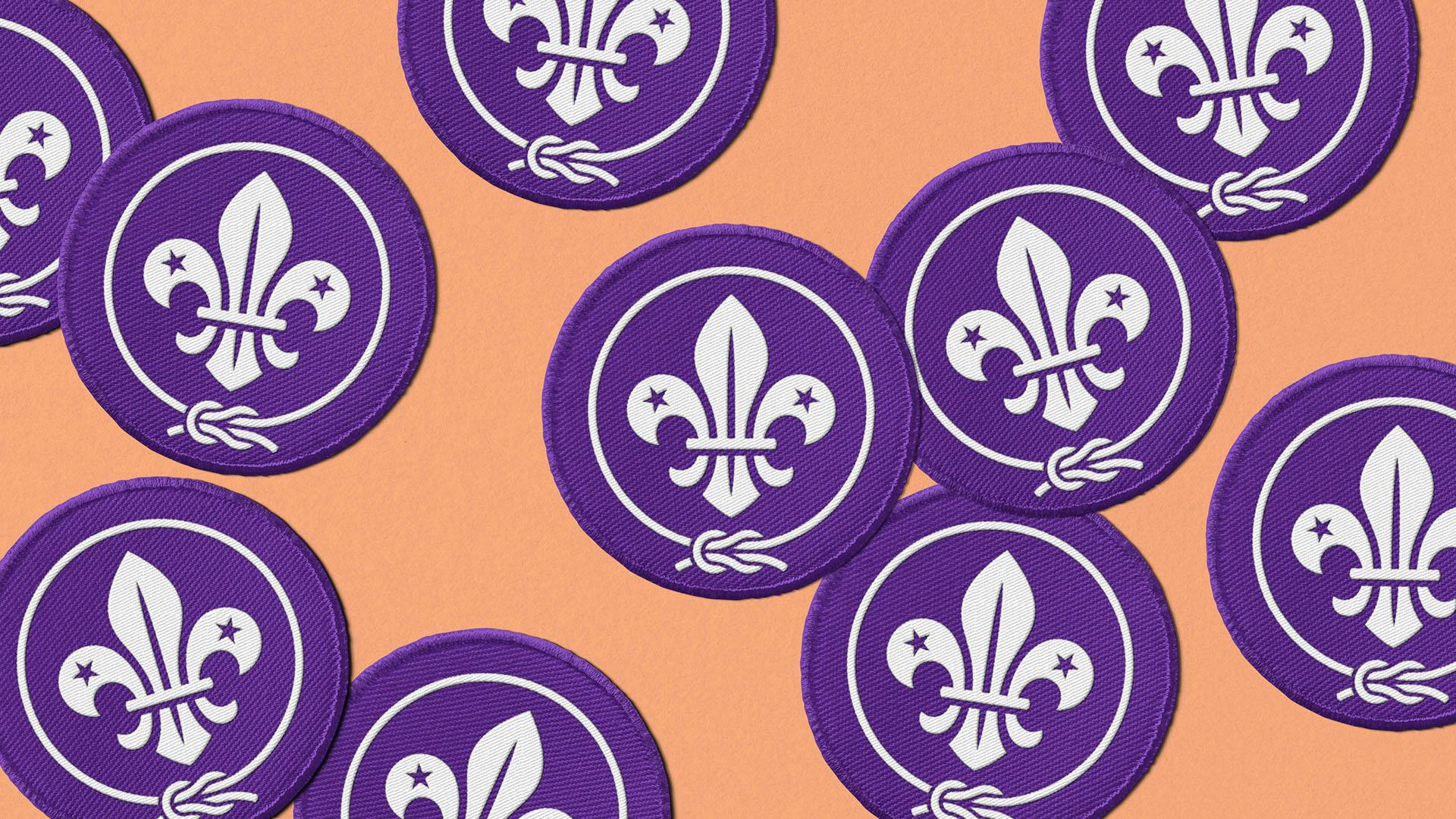 Circular purple badges featuring the World Scouting fleur de lis emblem