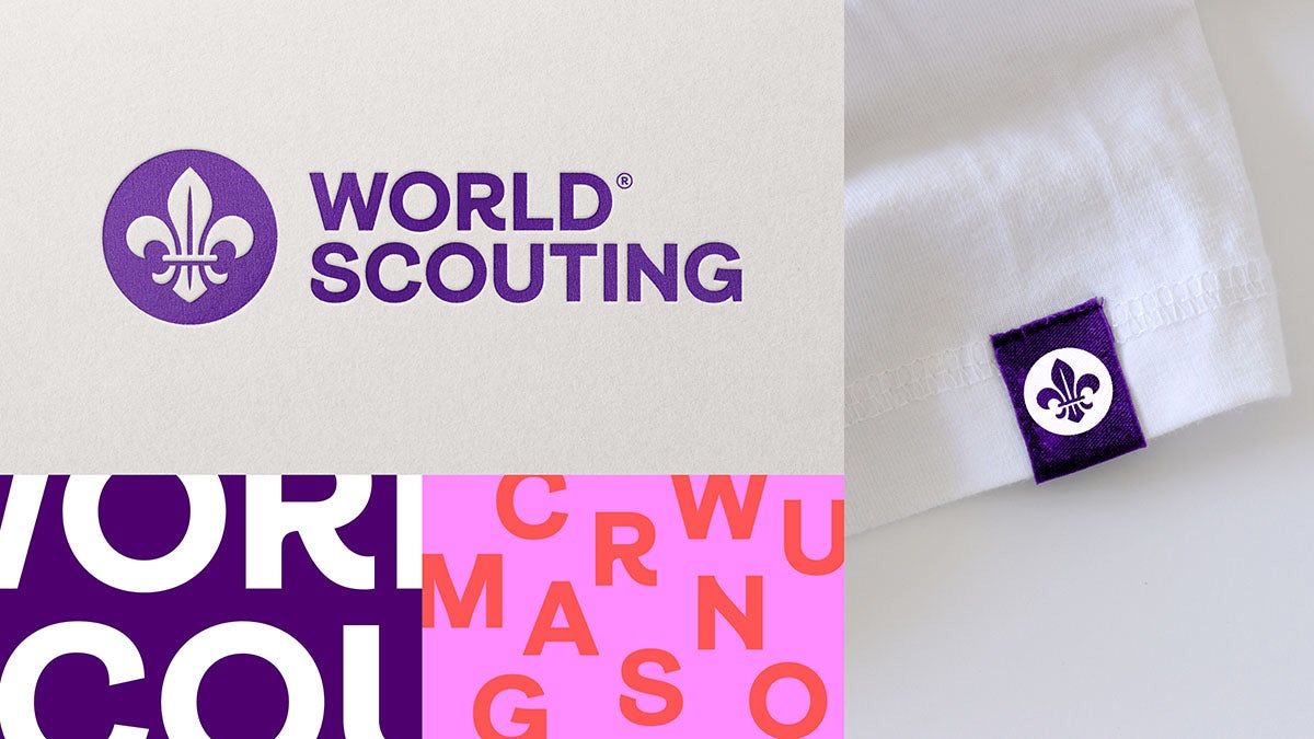 Composite showing details from World Scouting's new identity, including a new wordmark and details of its typeface