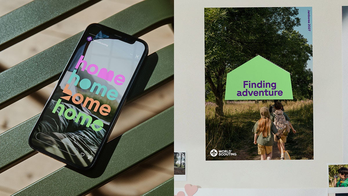 Composite image showing World Scouting's new branding, including a social media post that reads 'home' in different typefaces, and a photo of young people in nature headlined 'finding nature'