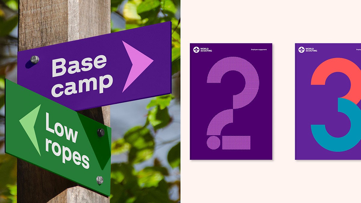 Composite image showing wayfinding for World Scouting, and details of its numerical typeface
