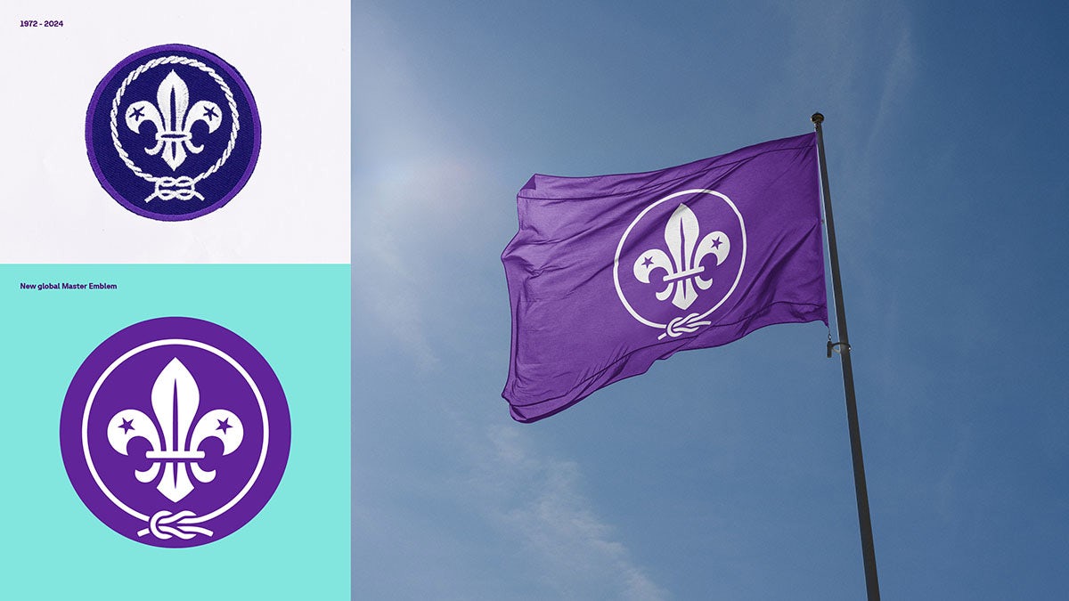 Composite showing the old World Scouting purple fleur de lis emblem and the new version, which is also shown on a picture of a purple flag