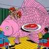 Illustration by Andrey Kasay of a giant pink fish insie a room, with two people sat on chairs looking at it and a ceiling lamp in the shape of a fish hook on top of it