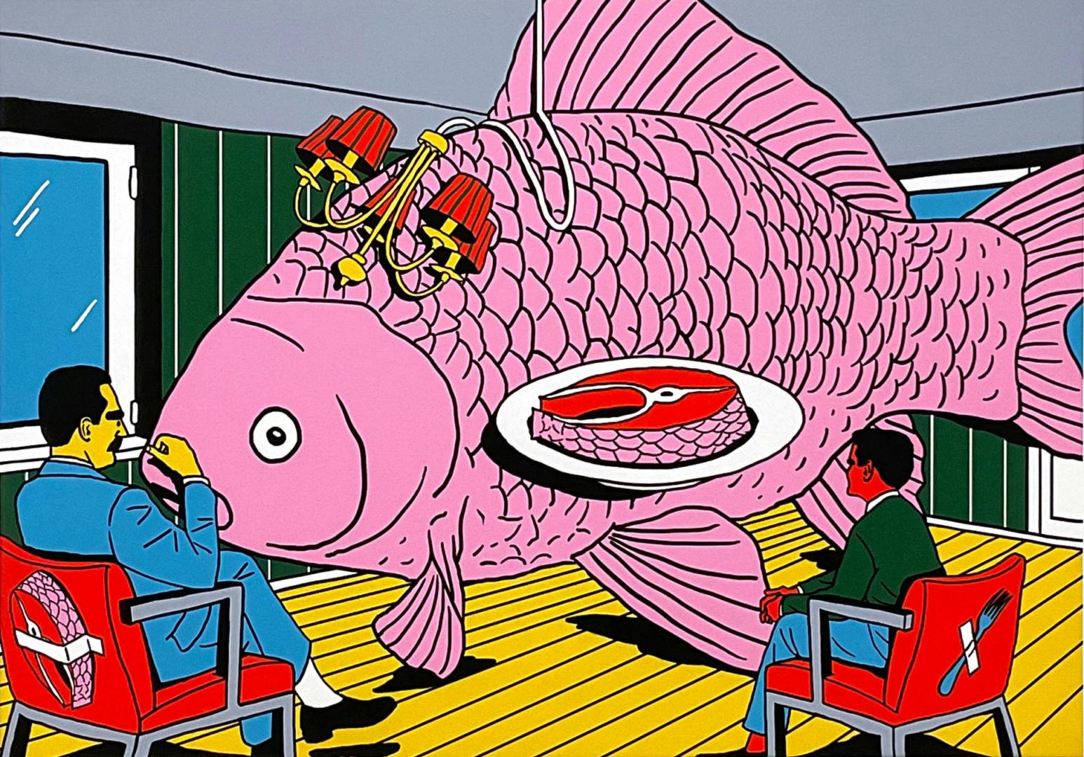 Illustration by Andrey Kasay of a giant pink fish insie a room, with two people sat on chairs looking at it and a ceiling lamp in the shape of a fish hook on top of it