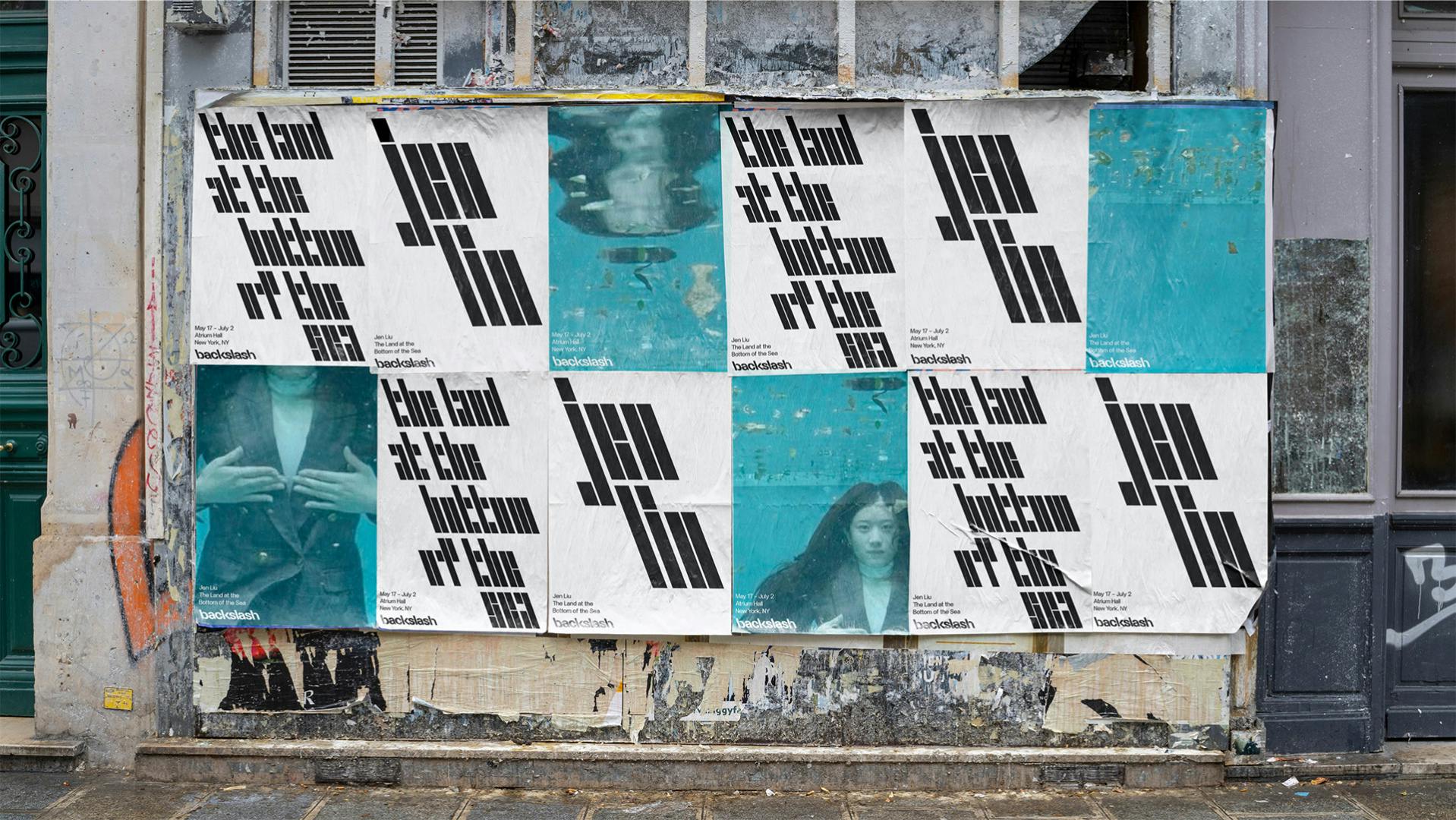 A five by five grid of flyposters featuring text laid out in backwards slanting letters