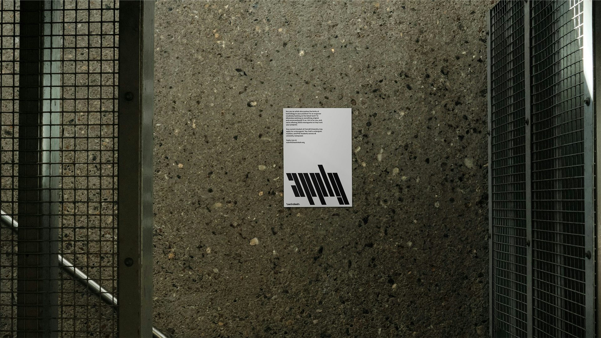 A poster that reads 'apply' in letters that slant backwards