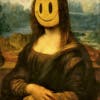 A reinterpretation of Leonardo da Vinci's painting of Mona Lisa by Banksy, featuring a cartoon smiley face covering the subject's face