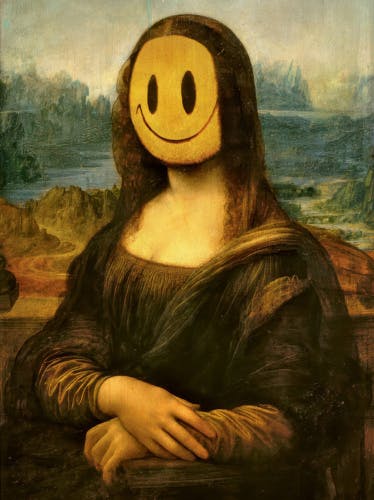 A reinterpretation of Leonardo da Vinci's painting of Mona Lisa by Banksy, featuring a cartoon smiley face covering the subject's face