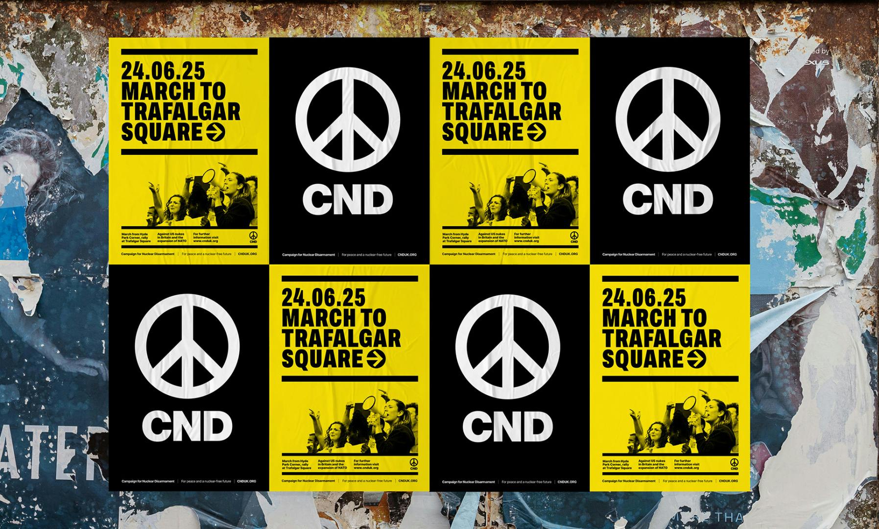 A grid of eight flyposters in a yellow and black colour palette featuring the Campaign for Nuclear Disarmament peace symbol and event information for a political march