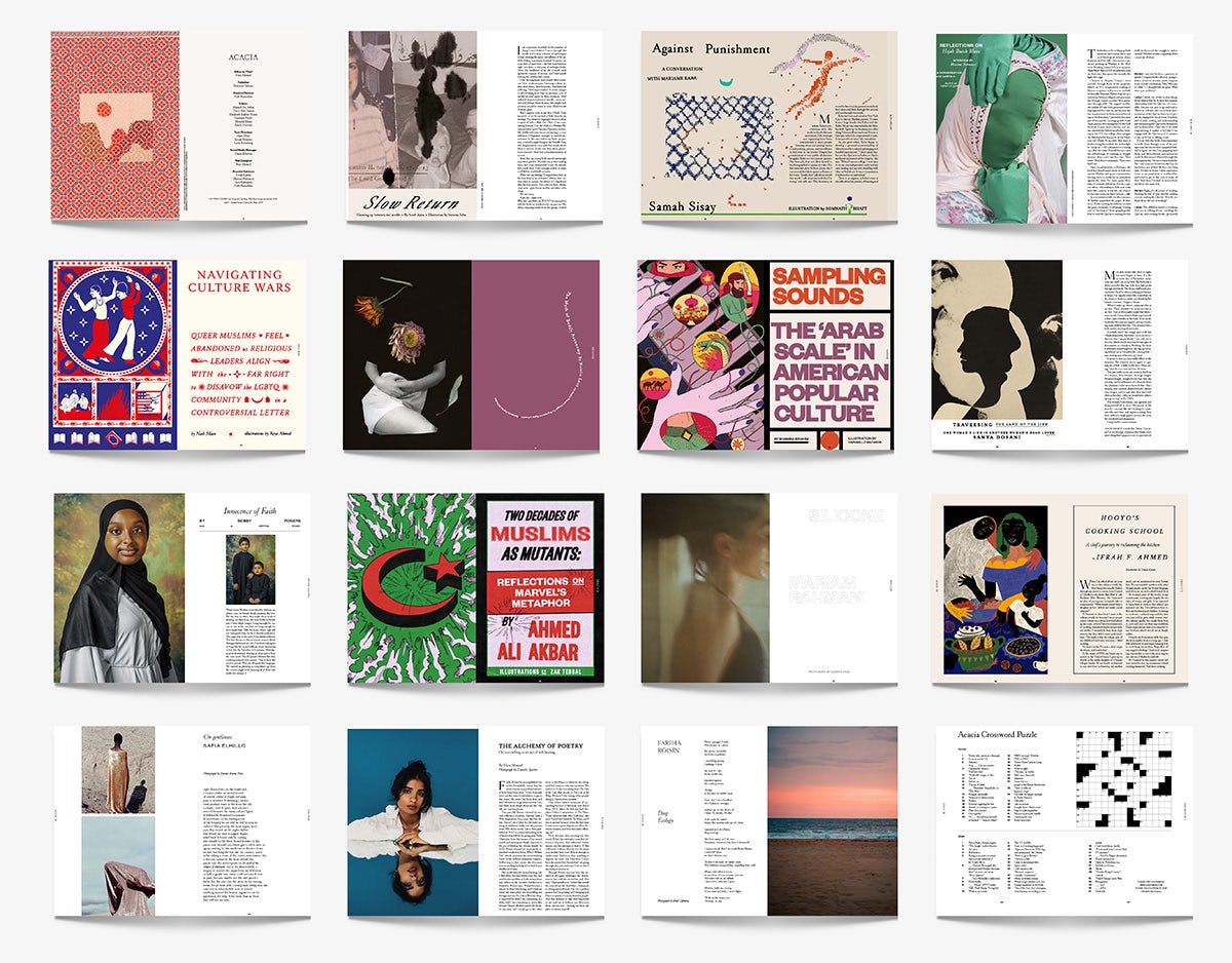A composite of sixteen spreads from Acacia magazine each featuring a mix of text and illustrative imagery