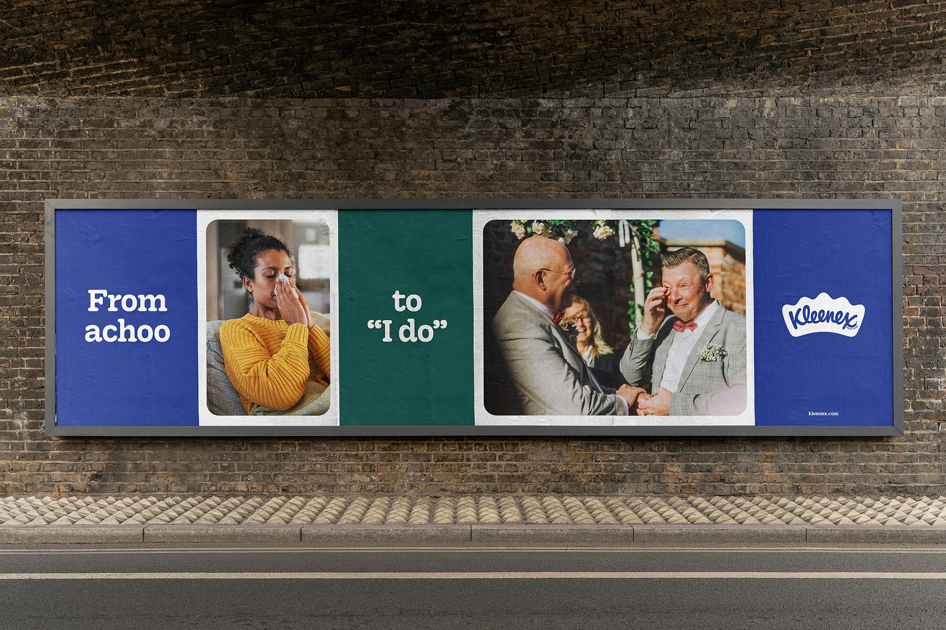 A row of outdoor ads for Kleenex that reads 'from achoo to I do' next to a portrait of a person blowing their nose, and another photo of two people wearing grey suits and wiping away tears