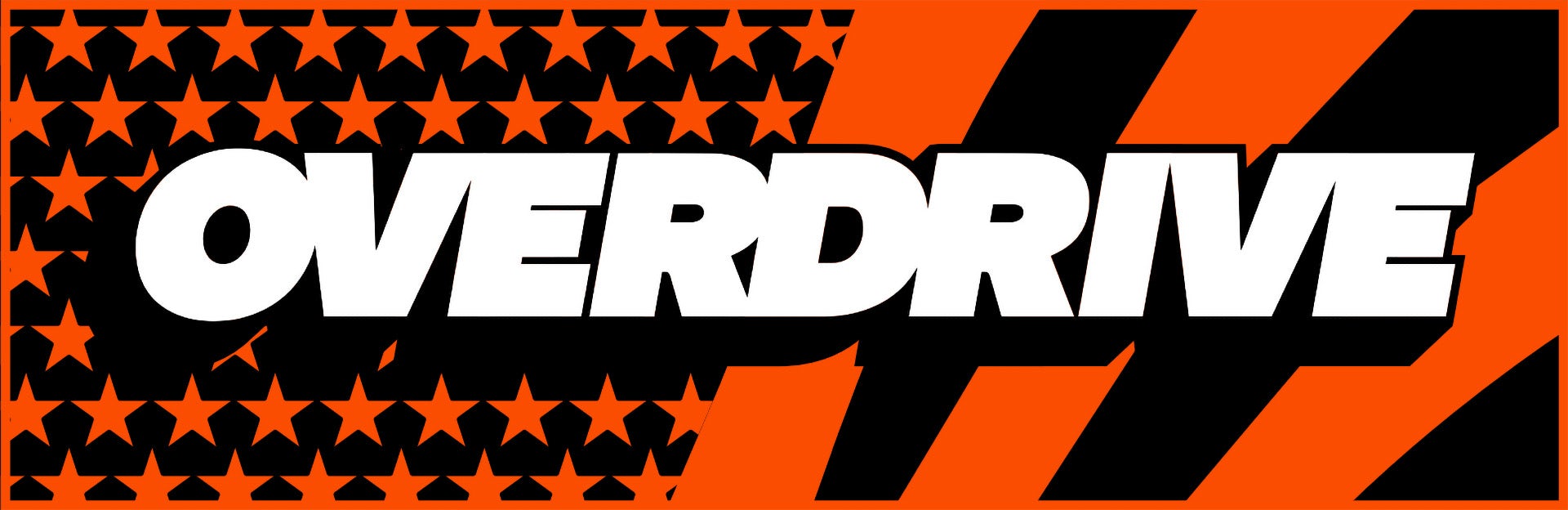 Overdrive wordmark laid out in a white extruded uppercase font with orange and black stars and stripes in the background