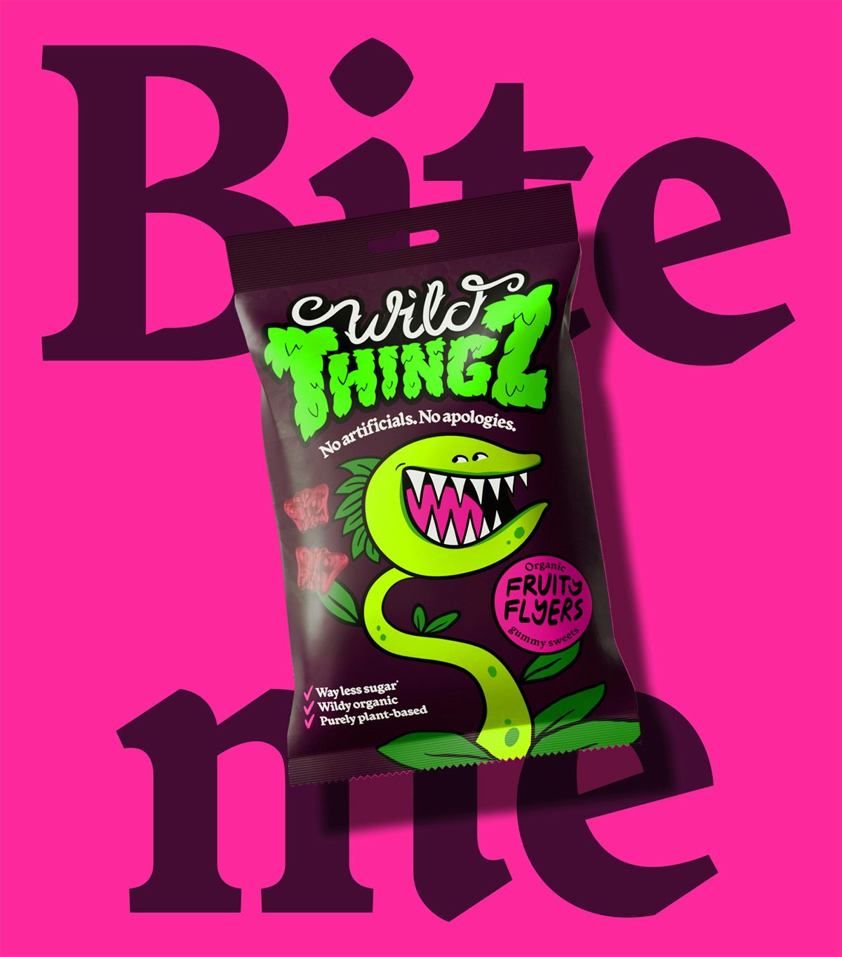 A pink graphic labelled 'bite me' with a green packet of Wild Thingz sweets laid over the top