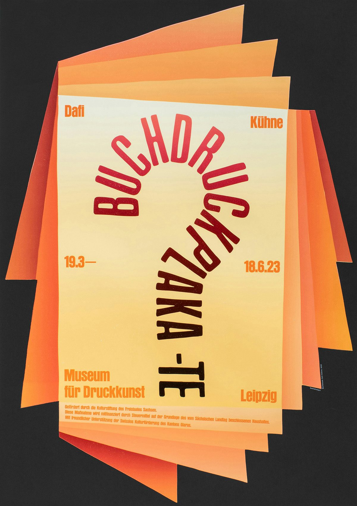 Poster by Dafi Kuhne that reads 'buchdruckplaka' in the shape of a question mark