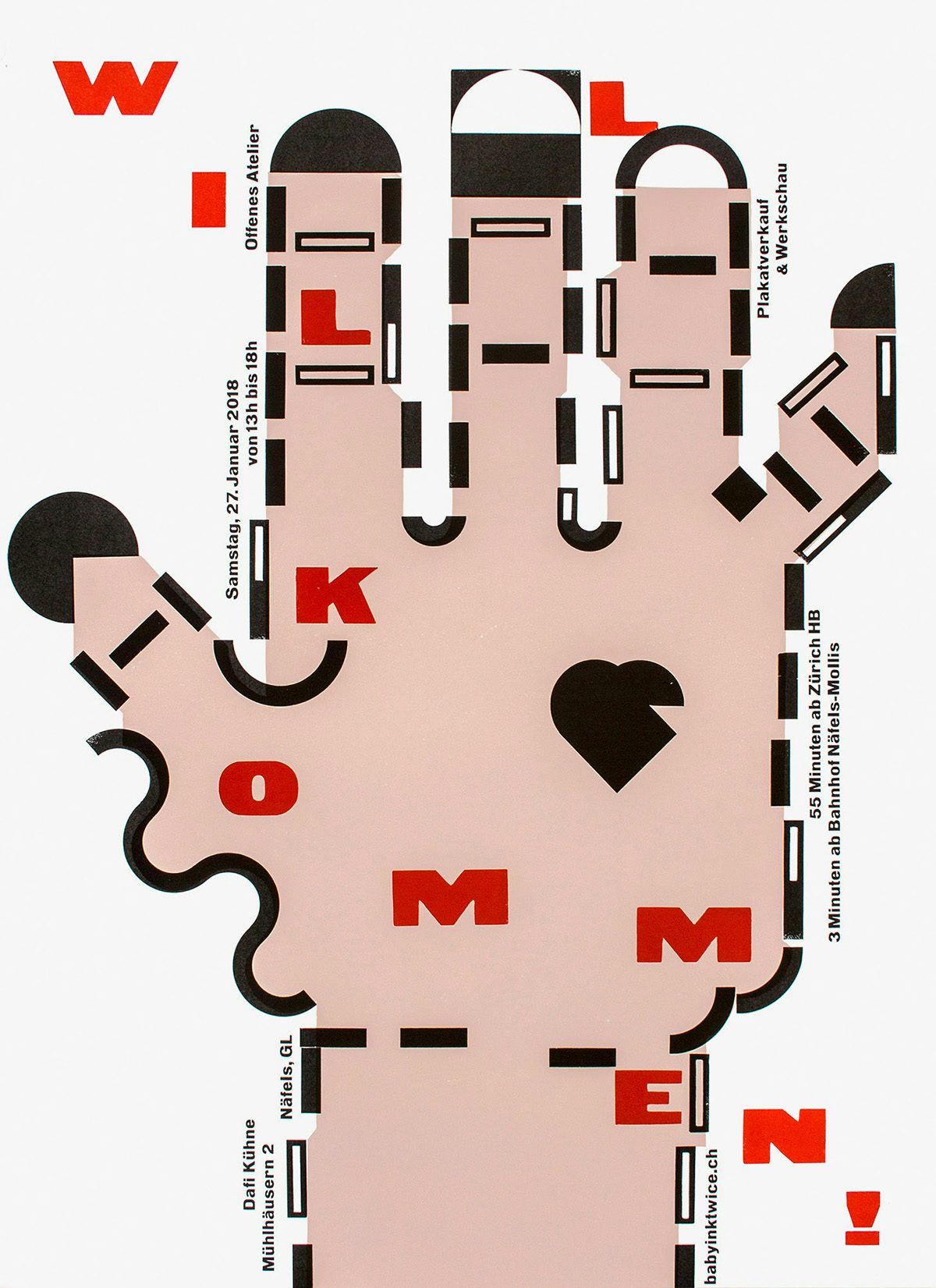 Poster by Dafi Kuhne showing an abstract illustration of a hand with the letters in 'wilkommen' scattered around the design