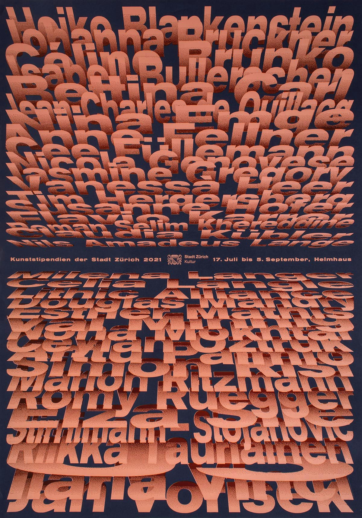 Poster by Dafi Kuhne featuring layered angled rows of names in peach coloured text