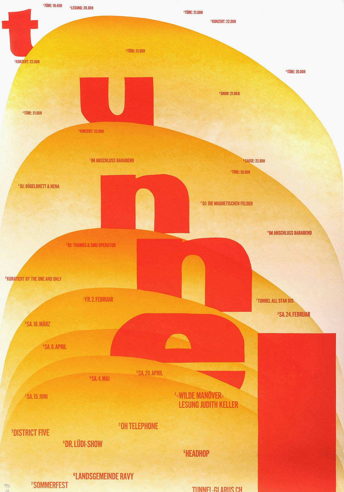 Yellow and orange hued poster by Dafi Kuhne featuring letters and semi circular shapes