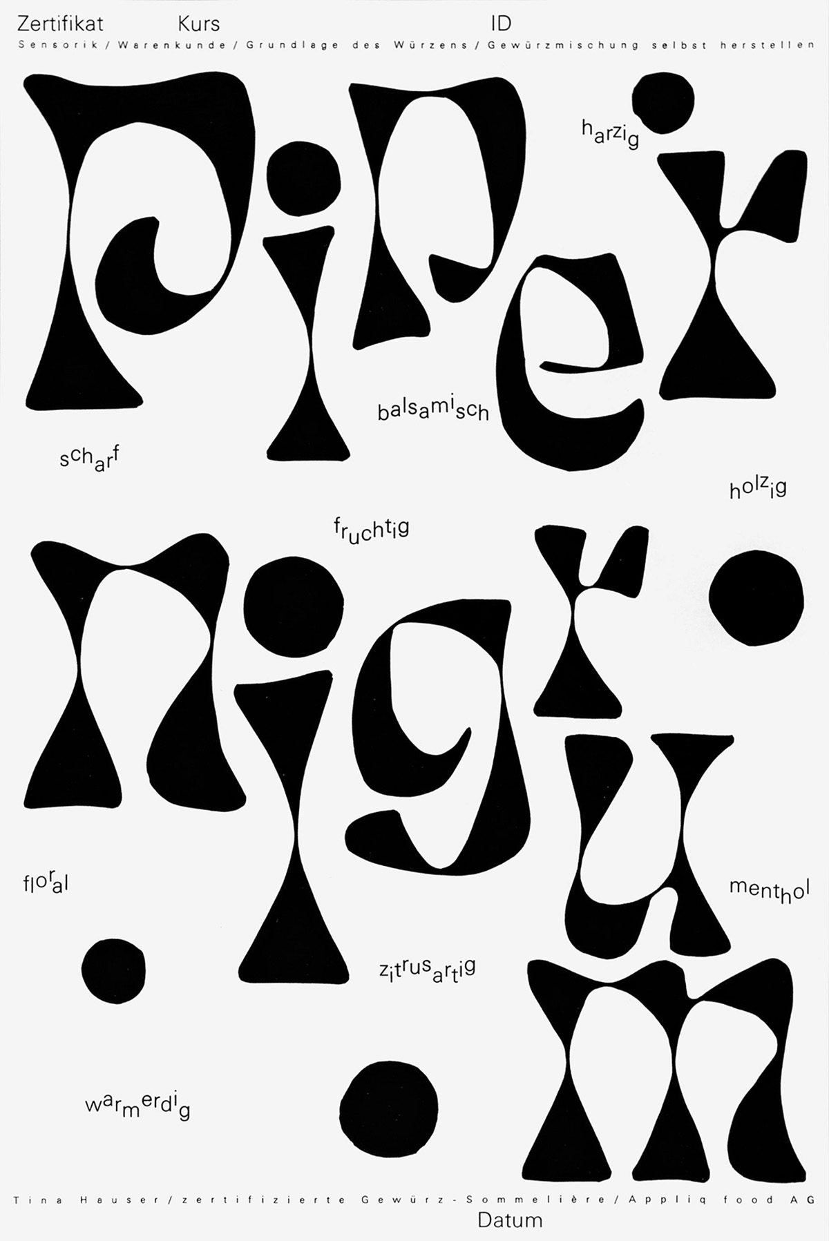 Black and white poster by Dafi Kuhne that reads 'piper nigrum', Latin for black pepper, in abstract lettering