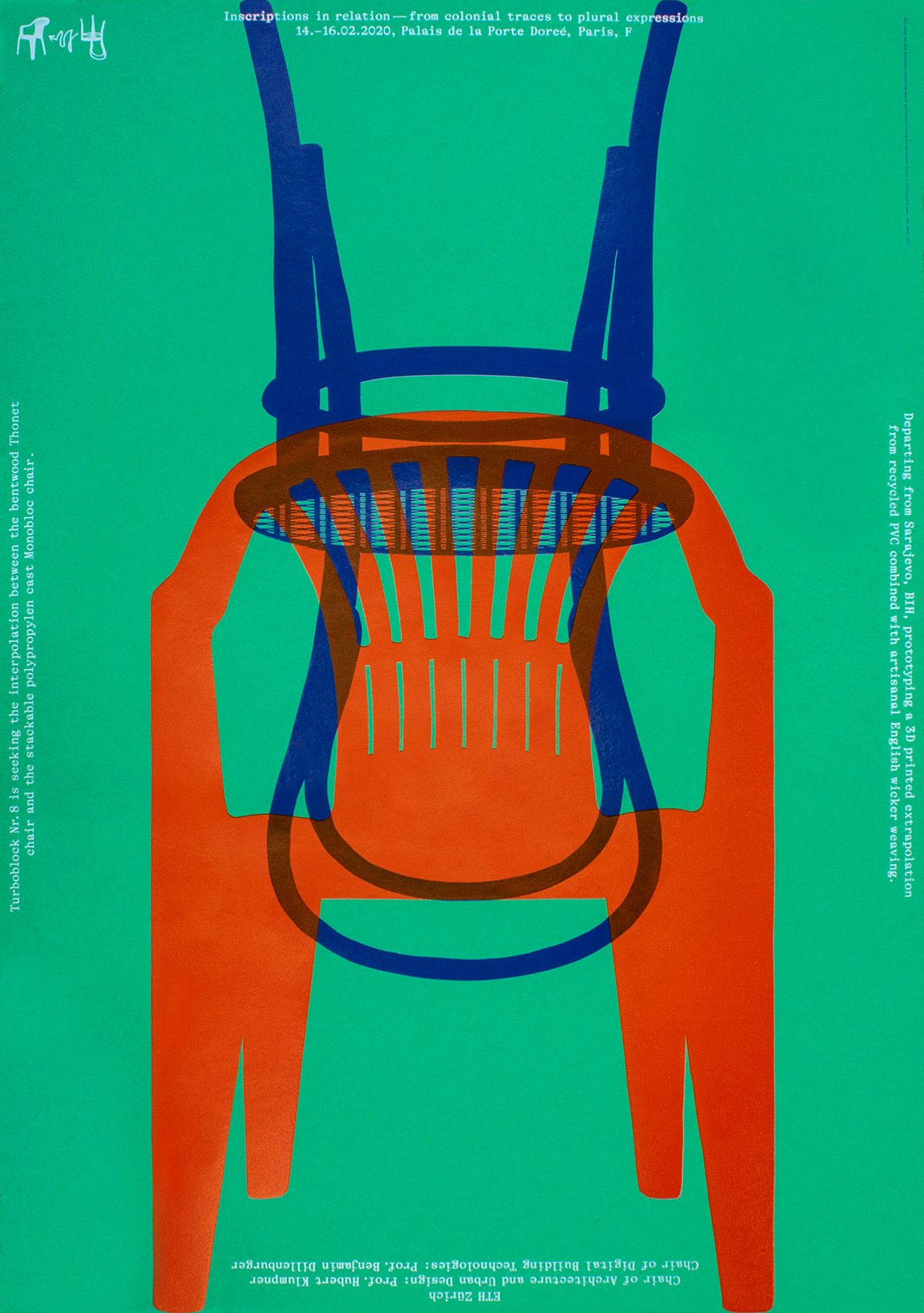 Poster by Dafi Kuhne of a red chair with a blue chair rotated upside down and layered over it