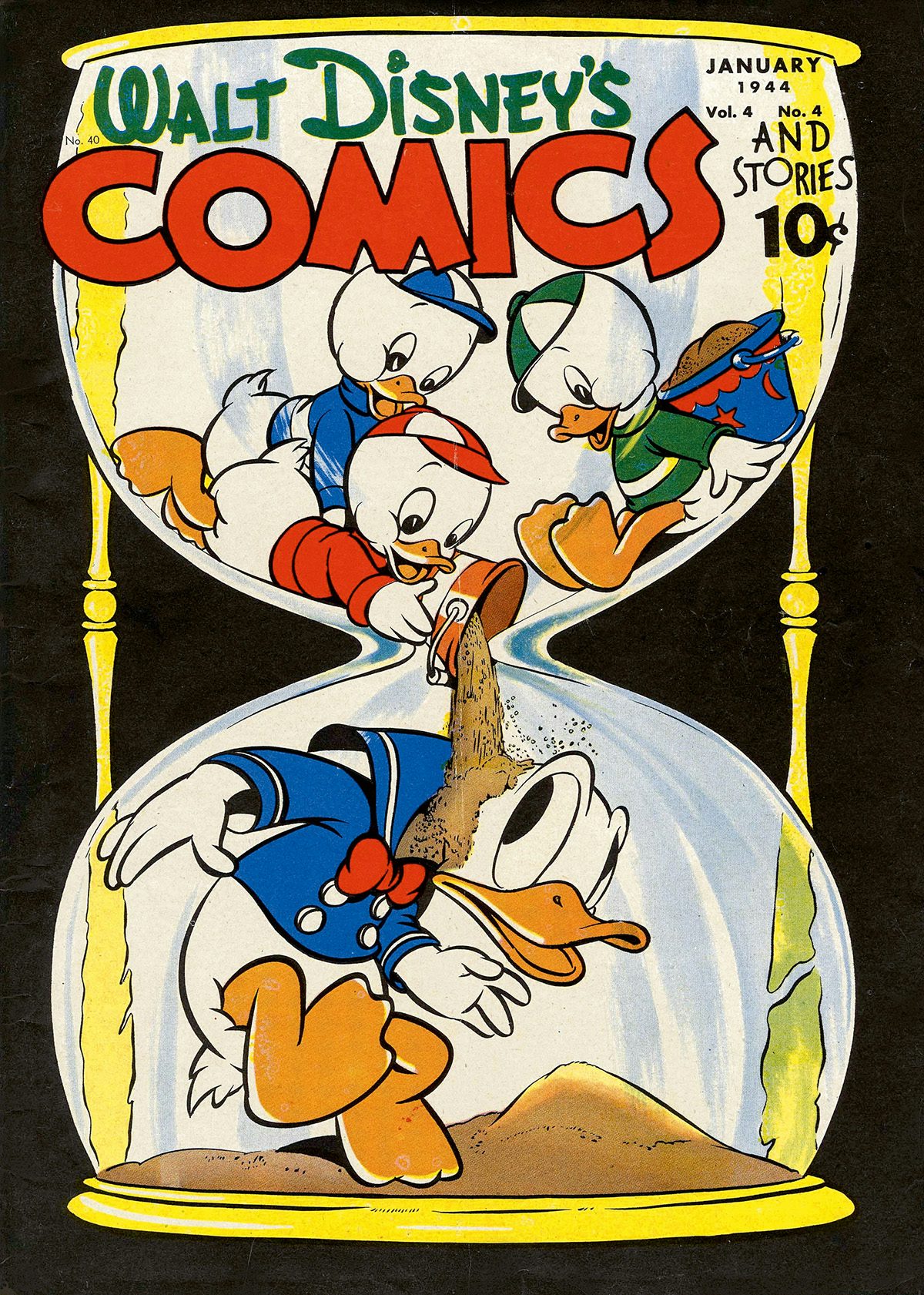 Illustration showing Donald Duck inside a sand timer with three younger ducks in the upper champer of the glass pouring sand onto Donald