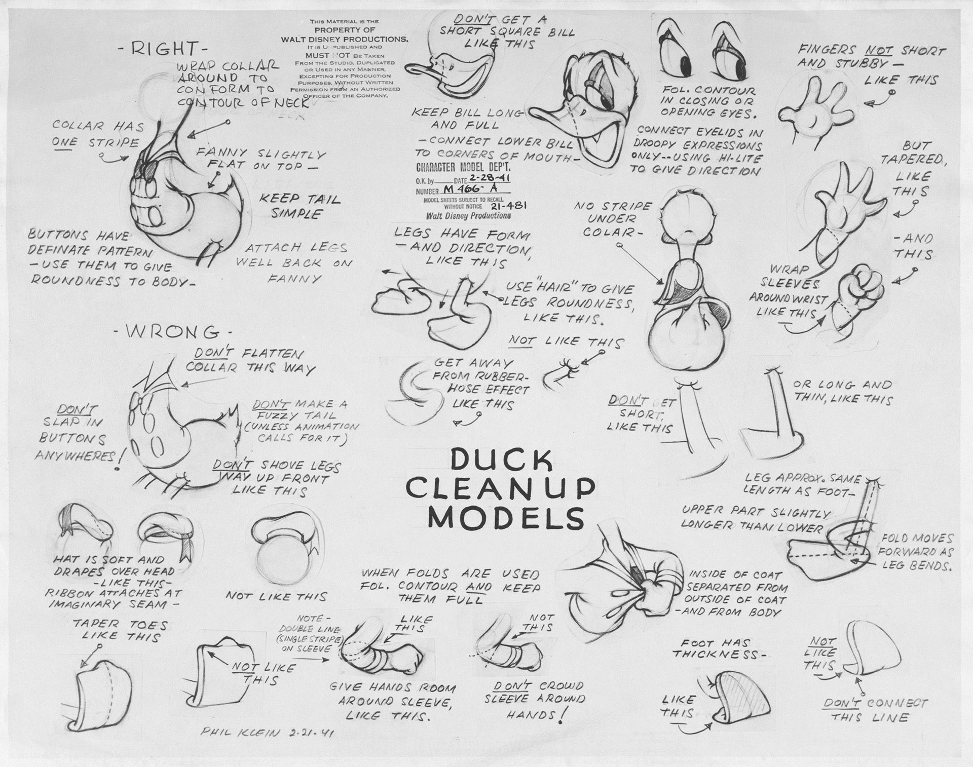 A page of Donald Duck sketches showing different how to draw different parts of the character