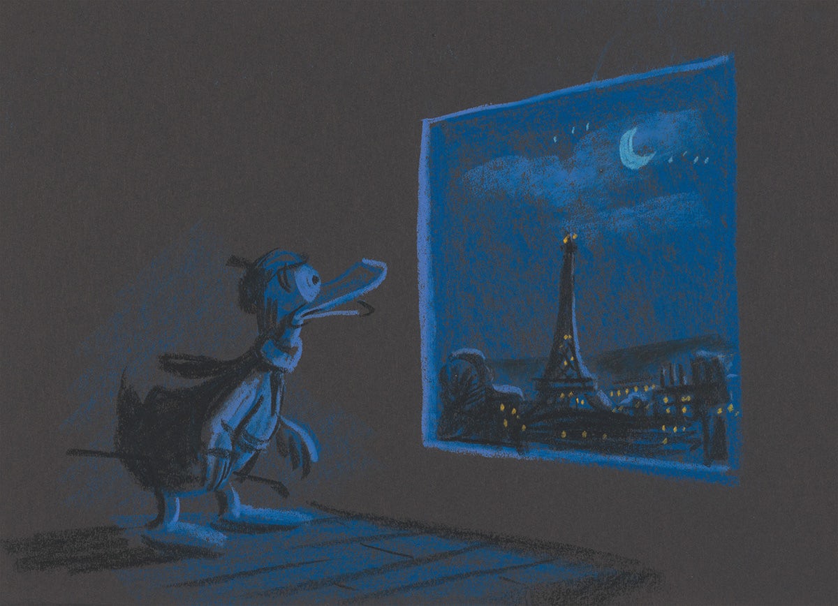 A dark blue and grey artwork showing Donald Duck in a room looking out at a moonlit skyline of Paris featuring the Eiffel Tower