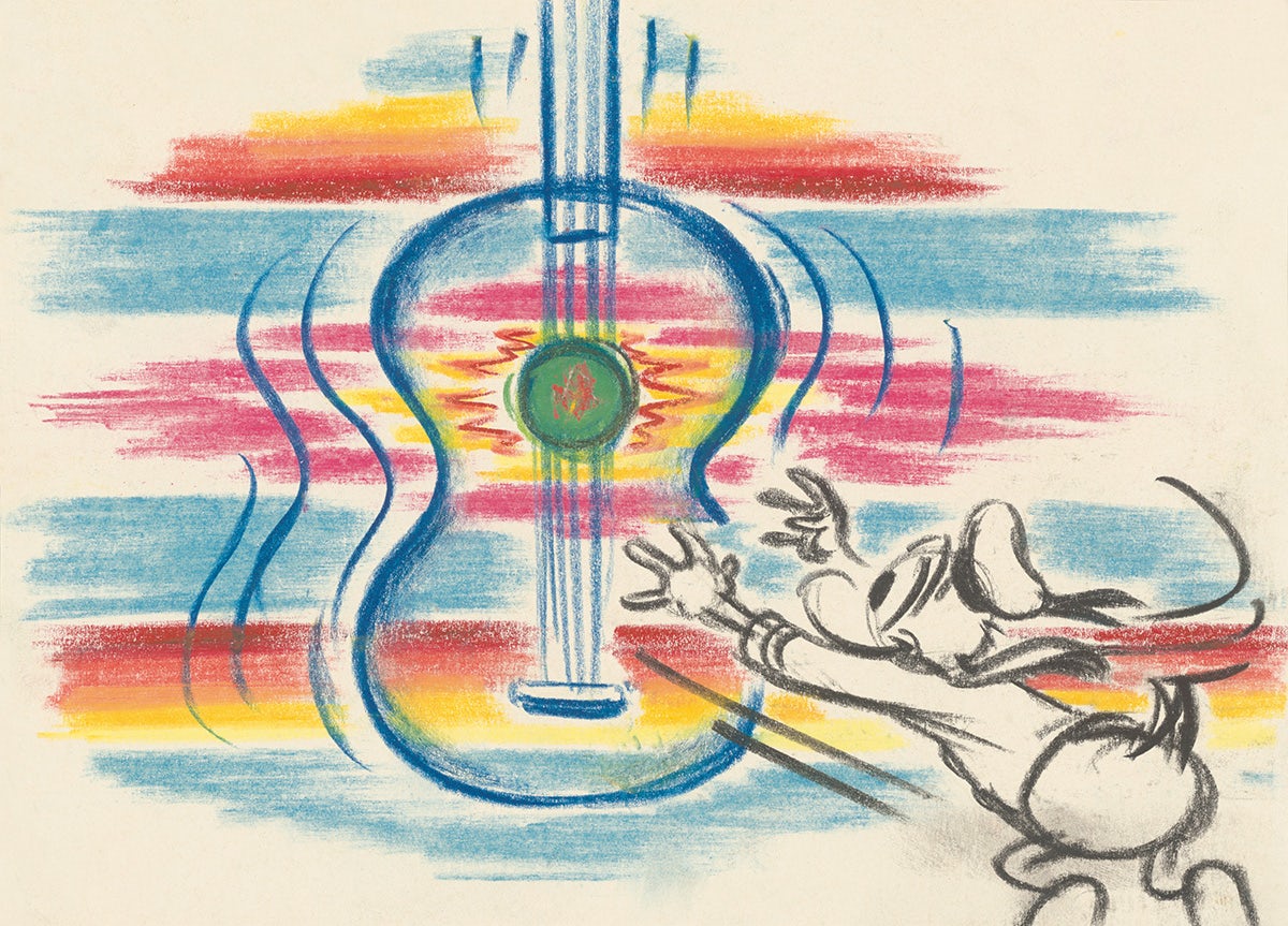 Colourful drawing of Donald Duck and a guitar