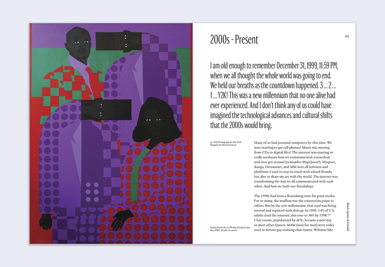 Spread from the book Black Queer and Untold by Jon Key featuring an abstract artwork of four black people wearing colourful patterned suits