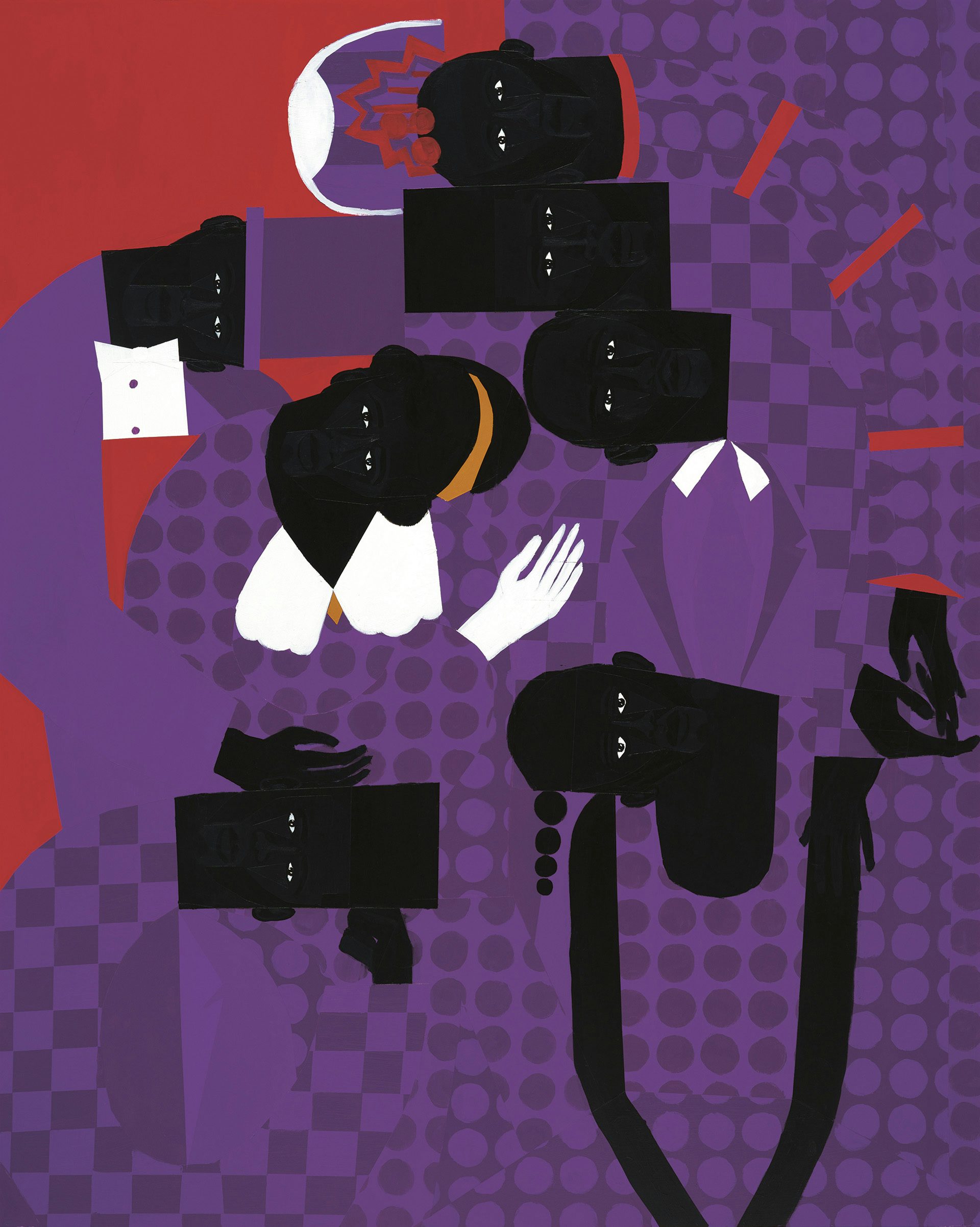 Painting by Jon Key showing figures with abstract interlocking bodies dressed in purple patterned suits