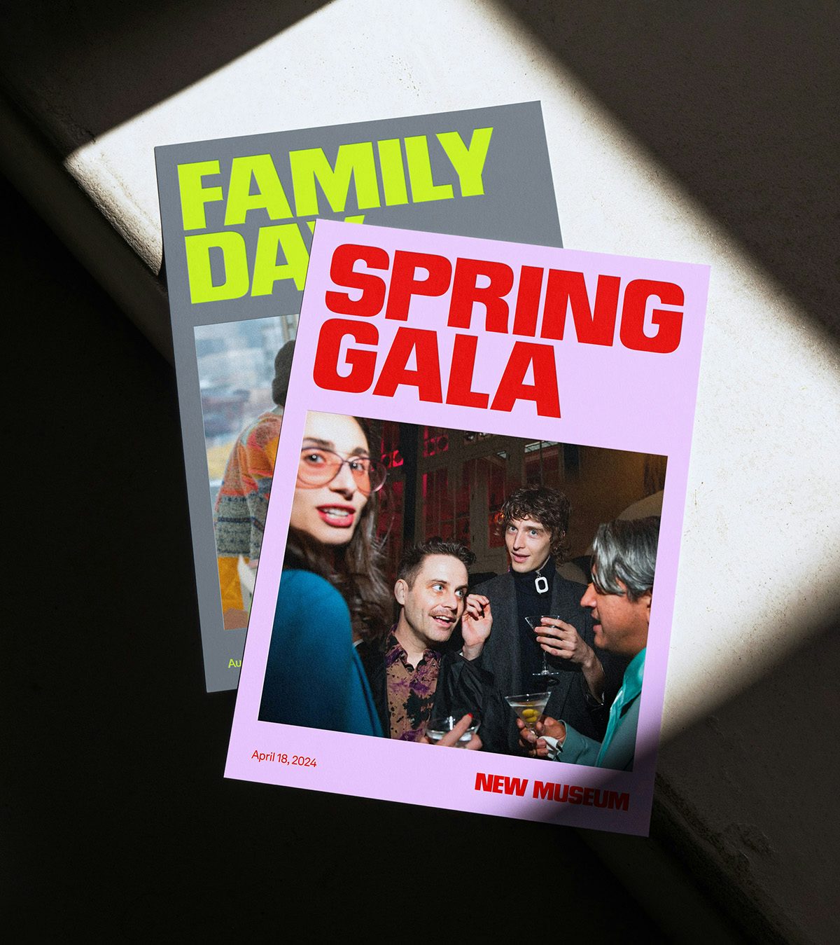 Two pamphlets, one headlined 'Spring Gala' and the other headlined 'Family Day', in bright font along with photos of people