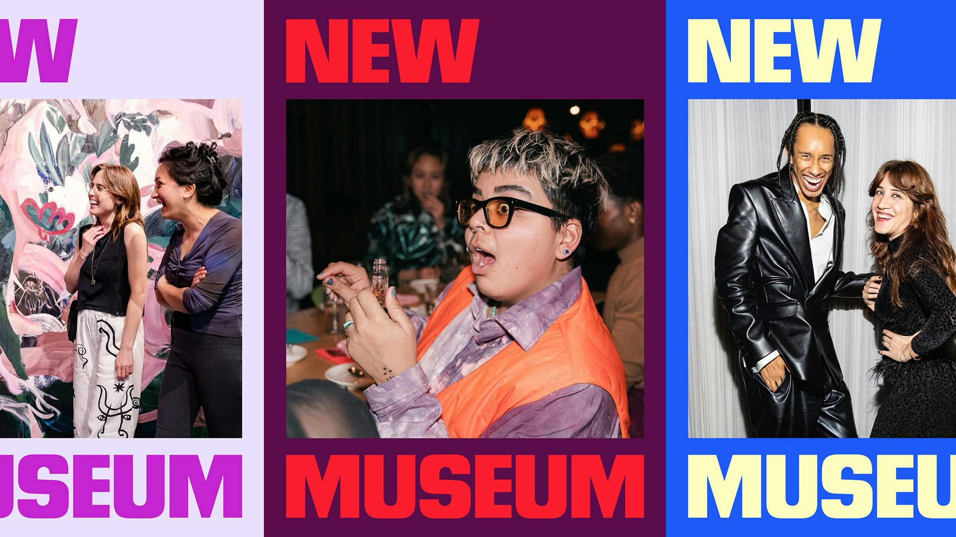 A row of three brightly coloured graphics headlined 'New Museum' with cheerful photos of people positioned in between the two words