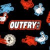 Graphic showing the wordmark for Outfry laid out in thick uppercase white lettering next to Korean symbols, surrounded by sticker-inspired illustrations of cartoon chickens