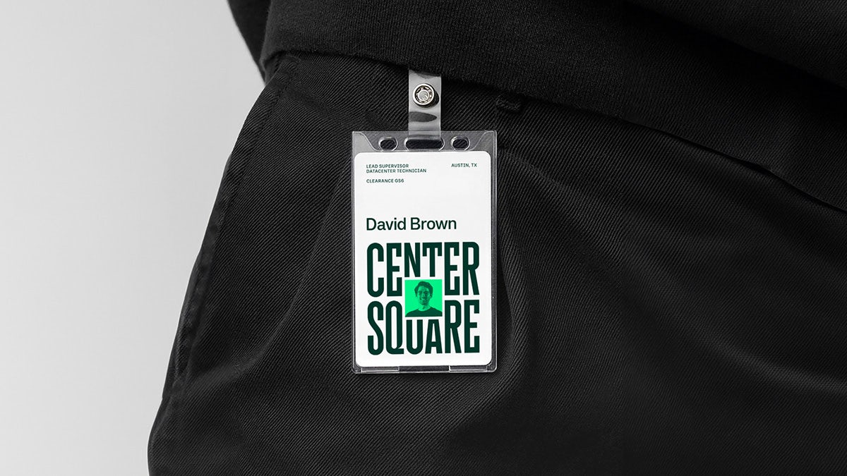 Employee badge featuring a square shaped wordmark that reads Centersquare