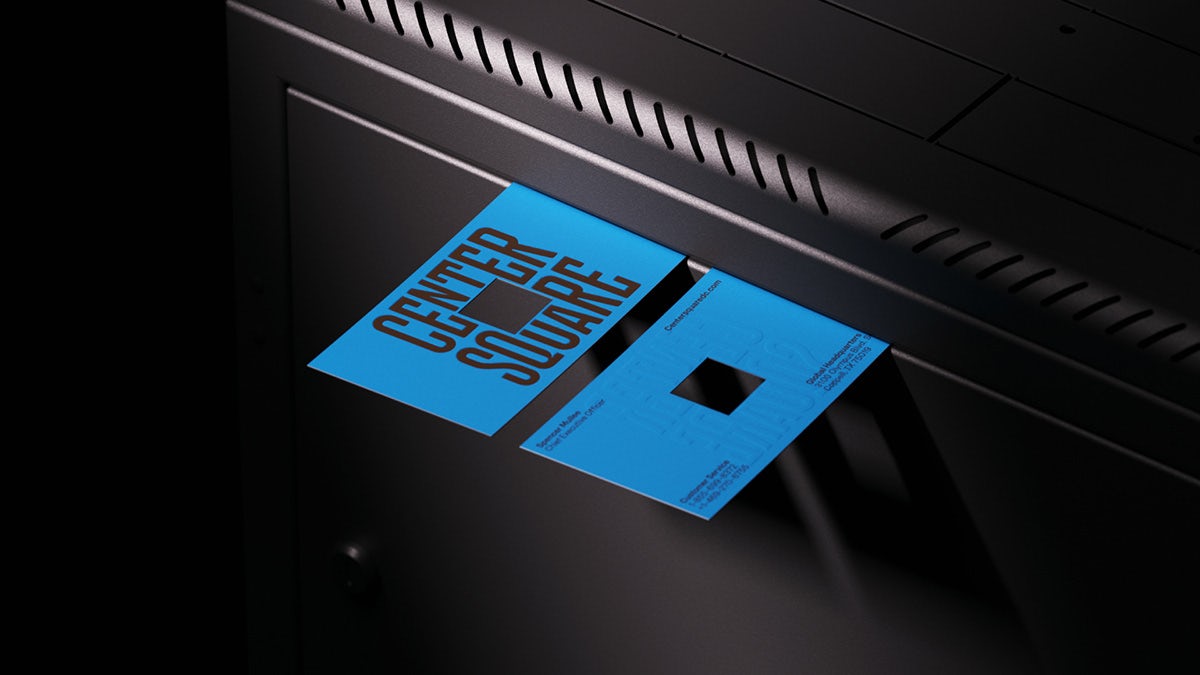 Blue business card featuring the wordmark for Centersquare arranged in the shape of a square, with a square cut-out in the middle